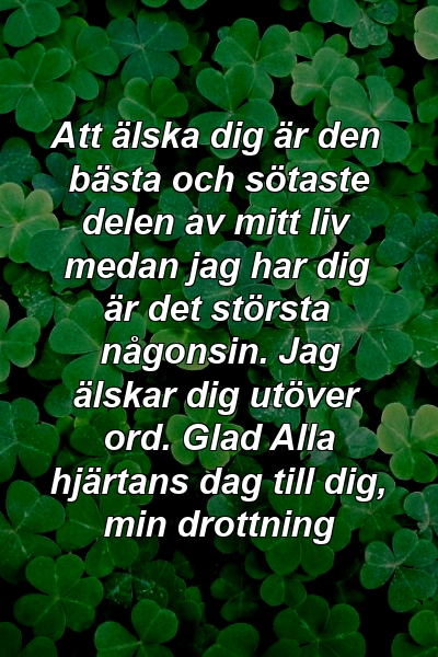 Att älska dig är den bästa och sötaste delen av mitt liv medan jag har dig är det största någonsin. Jag älskar dig utöver ord. Glad Alla hjärtans dag till dig, min drottning