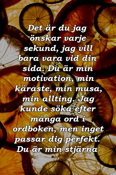 Det är du jag önskar varje sekund, jag vill bara vara vid din sida. Du är min motivation, min käraste, min musa, min allting. Jag kunde söka efter många ord i ordboken, men inget passar dig perfekt. Du är min stjärna