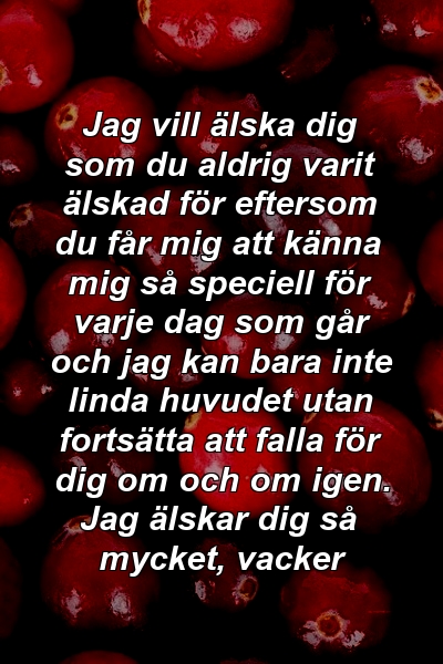 Jag vill älska dig som du aldrig varit älskad för eftersom du får mig att känna mig så speciell för varje dag som går och jag kan bara inte linda huvudet utan fortsätta att falla för dig om och om igen. Jag älskar dig så mycket, vacker