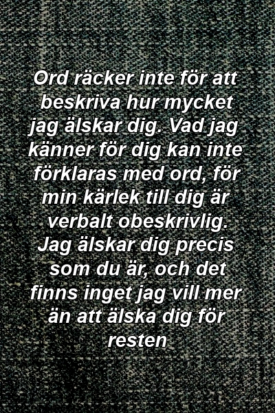 Ord räcker inte för att beskriva hur mycket jag älskar dig. Vad jag känner för dig kan inte förklaras med ord, för min kärlek till dig är verbalt obeskrivlig. Jag älskar dig precis som du är, och det finns inget jag vill mer än att älska dig för resten