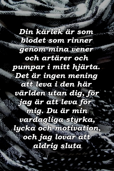 Din kärlek är som blodet som rinner genom mina vener och artärer och pumpar i mitt hjärta. Det är ingen mening att leva i den här världen utan dig, för jag är att leva för mig. Du är min vardagliga styrka, lycka och motivation, och jag lovar att aldrig sluta