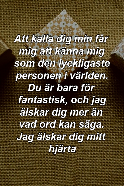 Att kalla dig min får mig att känna mig som den lyckligaste personen i världen. Du är bara för fantastisk, och jag älskar dig mer än vad ord kan säga. Jag älskar dig mitt hjärta