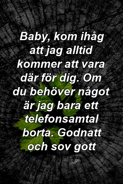 Baby, kom ihåg att jag alltid kommer att vara där för dig. Om du behöver något är jag bara ett telefonsamtal borta. Godnatt och sov gott