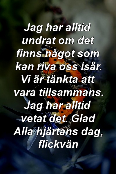 Jag har alltid undrat om det finns något som kan riva oss isär. Vi är tänkta att vara tillsammans. Jag har alltid vetat det. Glad Alla hjärtans dag, flickvän