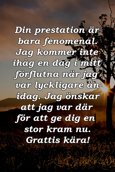 Din prestation är bara fenomenal. Jag kommer inte ihåg en dag i mitt förflutna när jag var lyckligare än idag. Jag önskar att jag var där för att ge dig en stor kram nu. Grattis kära!