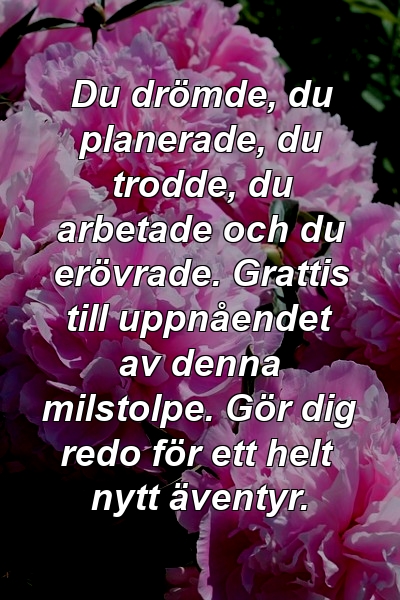 Du drömde, du planerade, du trodde, du arbetade och du erövrade. Grattis till uppnåendet av denna milstolpe. Gör dig redo för ett helt nytt äventyr.