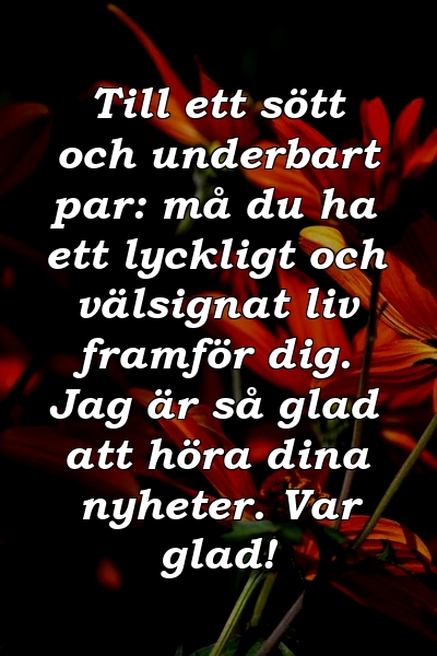 Till ett sött och underbart par: må du ha ett lyckligt och välsignat liv framför dig. Jag är så glad att höra dina nyheter. Var glad!