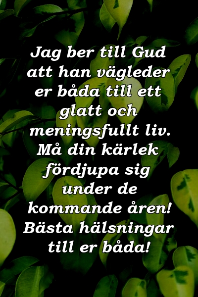 Jag ber till Gud att han vägleder er båda till ett glatt och meningsfullt liv. Må din kärlek fördjupa sig under de kommande åren! Bästa hälsningar till er båda!