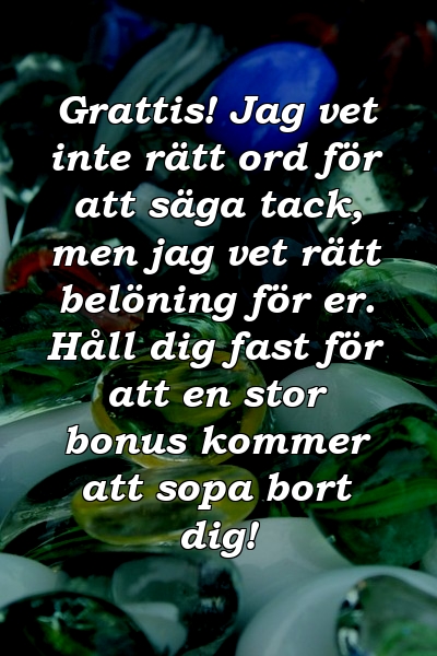 Grattis! Jag vet inte rätt ord för att säga tack, men jag vet rätt belöning för er. Håll dig fast för att en stor bonus kommer att sopa bort dig!