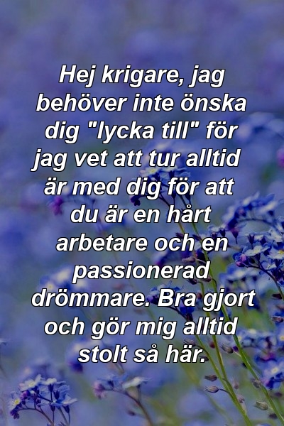 Hej krigare, jag behöver inte önska dig "lycka till" för jag vet att tur alltid är med dig för att du är en hårt arbetare och en passionerad drömmare. Bra gjort och gör mig alltid stolt så här.