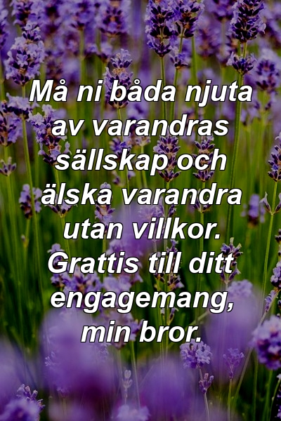 Må ni båda njuta av varandras sällskap och älska varandra utan villkor. Grattis till ditt engagemang, min bror.