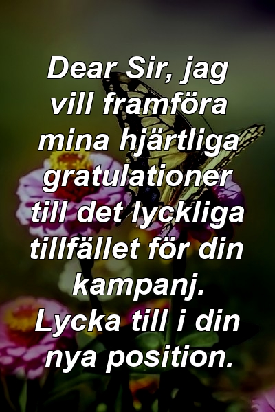 Dear Sir, jag vill framföra mina hjärtliga gratulationer till det lyckliga tillfället för din kampanj. Lycka till i din nya position.