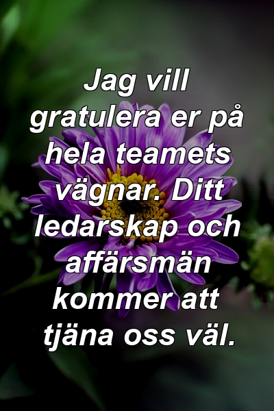 Jag vill gratulera er på hela teamets vägnar. Ditt ledarskap och affärsmän kommer att tjäna oss väl.