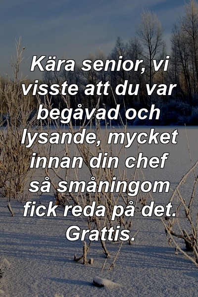 Kära senior, vi visste att du var begåvad och lysande, mycket innan din chef så småningom fick reda på det. Grattis.