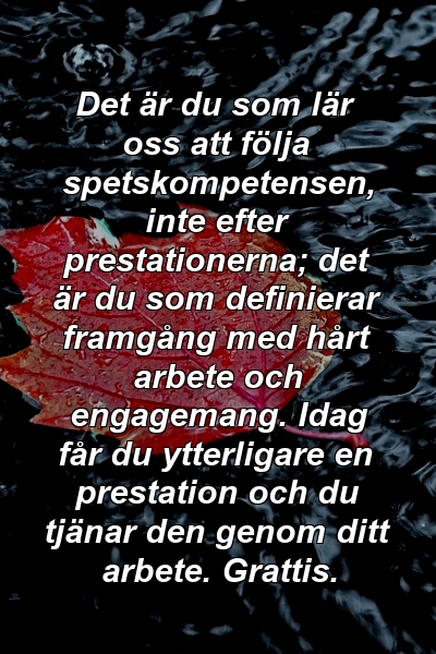 Det är du som lär oss att följa spetskompetensen, inte efter prestationerna; det är du som definierar framgång med hårt arbete och engagemang. Idag får du ytterligare en prestation och du tjänar den genom ditt arbete. Grattis.